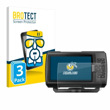 Face avant d’un emballage produit avec le logo de la marque BROTECT. À côté, l’appareil Garmin Striker Vivid 7cv est représent