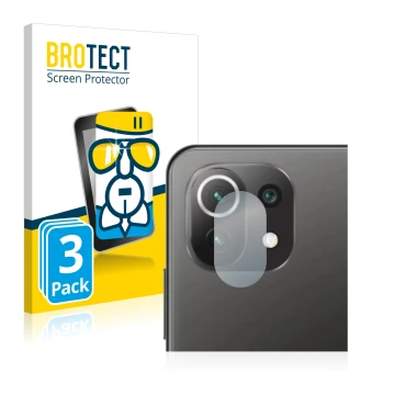 Face avant d’un emballage produit avec le logo de la marque BROTECT. À côté, l’appareil Xiaomi Mi 11 Lite 5G (Caméra UNIQUEMEN