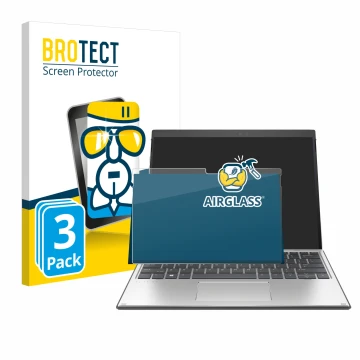 Face avant d’un emballage produit avec le logo de la marque BROTECT. À côté, l’appareil HP Elite x2 G8 est représenté avec la 