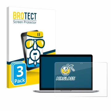 Face avant d’un emballage produit avec le logo de la marque BROTECT. À côté, l’appareil Apple MacBook Pro 13