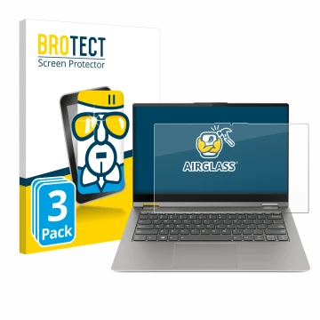 Face avant d’un emballage produit avec le logo de la marque BROTECT. À côté, l’appareil Lenovo ThinkBook 14s Yoga est représen