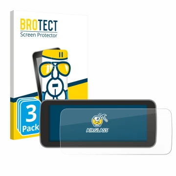 Face avant d’un emballage produit avec le logo de la marque BROTECT. À côté, l’appareil Fiat 500 E Uconnect 5 10