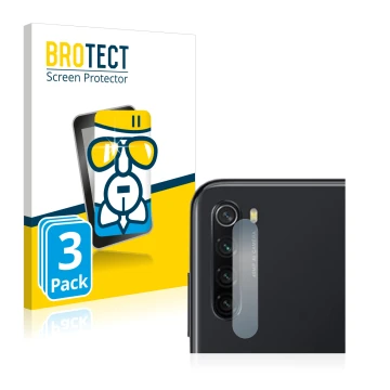 Face avant d’un emballage produit avec le logo de la marque BROTECT. À côté, l’appareil Xiaomi Redmi Note 8 2021 (Caméra UNIQU