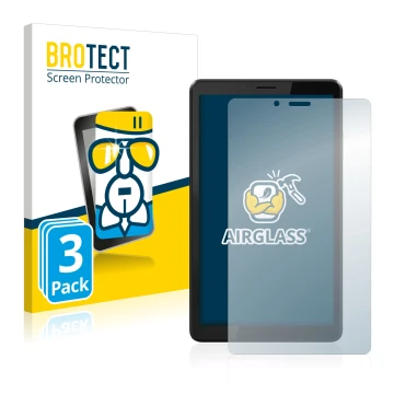 Face avant d’un emballage produit avec le logo de la marque BROTECT. À côté, l’appareil Lenovo Tab M7 (3ème Gen.) est représen