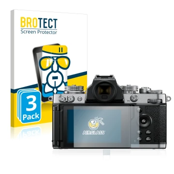 Face avant d’un emballage produit avec le logo de la marque BROTECT. À côté, l’appareil Nikon Z fc est représenté avec la prot