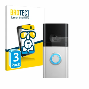 Face avant d’un emballage produit avec le logo de la marque BROTECT. À côté, l’appareil Ring Video Doorbell 4 est représenté a