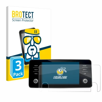 Face avant d’un emballage produit avec le logo de la marque BROTECT. À côté, l’appareil Skoda Bolero 2020 Infotainment System 