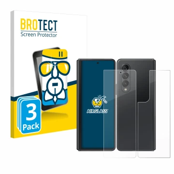 Face avant d’un emballage produit avec le logo de la marque BROTECT. À côté, l’appareil Samsung Galaxy Z Fold 3 5G (Avant+Arri
