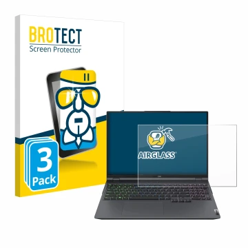 Face avant d’un emballage produit avec le logo de la marque BROTECT. À côté, l’appareil Lenovo Legion 5 Pro est représenté ave