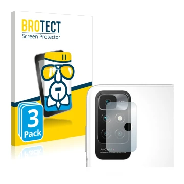 Face avant d’un emballage produit avec le logo de la marque BROTECT. À côté, l’appareil Xiaomi Redmi 10 (Caméra UNIQUEMENT) es