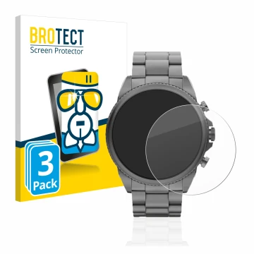 Face avant d’un emballage produit avec le logo de la marque BROTECT. À côté, l’appareil Fossil Gen 6 (44mm) est représenté ave