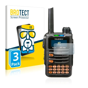 Face avant d’un emballage produit avec le logo de la marque BROTECT. À côté, l’appareil Yaesu FT-70DR est représenté avec la p