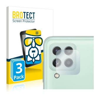 Face avant d’un emballage produit avec le logo de la marque BROTECT. À côté, l’appareil Samsung Galaxy A22 4G (Caméra UNIQUEME