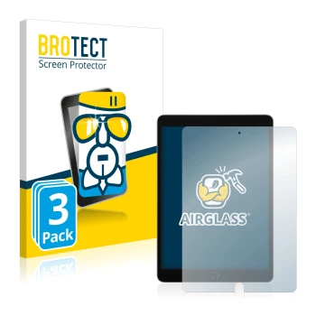 Face avant d’un emballage produit avec le logo de la marque BROTECT. À côté, l’appareil Apple iPad 10.2