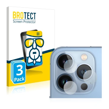 Face avant d’un emballage produit avec le logo de la marque BROTECT. À côté, l’appareil Apple iPhone 13 Pro (Caméra UNIQUEMENT