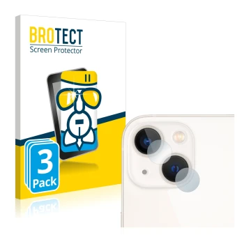 Face avant d’un emballage produit avec le logo de la marque BROTECT. À côté, l’appareil Apple iPhone 13 (Caméra UNIQUEMENT) es