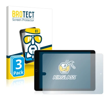 Face avant d’un emballage produit avec le logo de la marque BROTECT. À côté, l’appareil Apple iPad 10.2