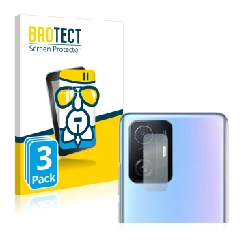 Face avant d’un emballage produit avec le logo de la marque BROTECT. À côté, l’appareil Xiaomi 11T Pro (Caméra UNIQUEMENT) est