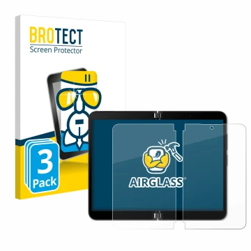 Face avant d’un emballage produit avec le logo de la marque BROTECT. À côté, l’appareil Microsoft Surface Duo 2 (Affichage int