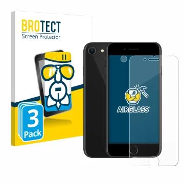 Face avant d’un emballage produit avec le logo de la marque BROTECT. À côté, l’appareil Apple iPhone SE 2 2020 (Avant+Caméra) 