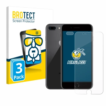 Face avant d’un emballage produit avec le logo de la marque BROTECT. À côté, l’appareil Apple iPhone 8 Plus (Avant+Caméra) est