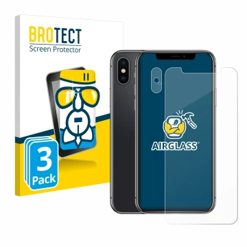 Face avant d’un emballage produit avec le logo de la marque BROTECT. À côté, l’appareil Apple iPhone X (Avant+Caméra) est repr