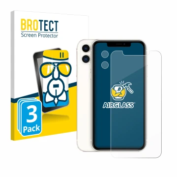 Face avant d’un emballage produit avec le logo de la marque BROTECT. À côté, l’appareil Apple iPhone 11 (Avant+Caméra) est rep