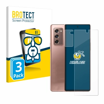 Face avant d’un emballage produit avec le logo de la marque BROTECT. À côté, l’appareil Samsung Galaxy Z Fold 2 5G (Avant+Camé