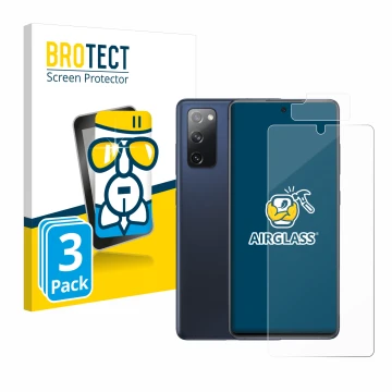 Face avant d’un emballage produit avec le logo de la marque BROTECT. À côté, l’appareil Samsung Galaxy S20 FE 5G (Avant+Caméra