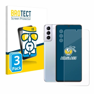 Face avant d’un emballage produit avec le logo de la marque BROTECT. À côté, l’appareil Samsung Galaxy S21 Plus 5G (Avant+Camé