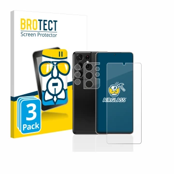 Face avant d’un emballage produit avec le logo de la marque BROTECT. À côté, l’appareil Samsung Galaxy S21 Ultra 5G (Avant+Cam