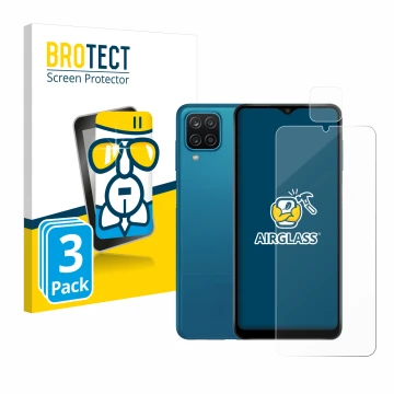 Face avant d’un emballage produit avec le logo de la marque BROTECT. À côté, l’appareil Samsung Galaxy A12 (Avant+Caméra) est 