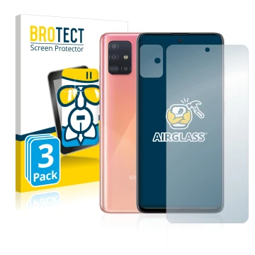 Face avant d’un emballage produit avec le logo de la marque BROTECT. À côté, l’appareil Samsung Galaxy A51 (Avant+Caméra) est 