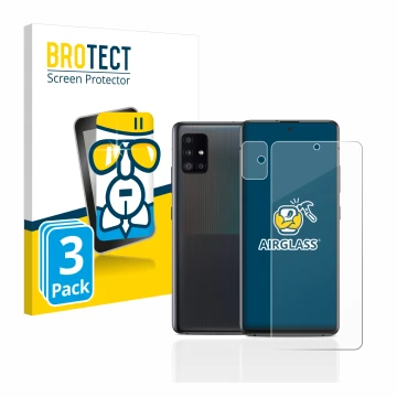 Face avant d’un emballage produit avec le logo de la marque BROTECT. À côté, l’appareil Samsung Galaxy A51 5G (Avant+Caméra) e