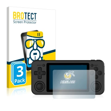 Face avant d’un emballage produit avec le logo de la marque BROTECT. À côté, l’appareil Anbernic RG351P est représenté avec la