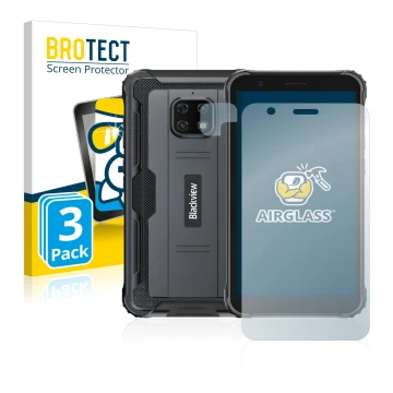 Face avant d’un emballage produit avec le logo de la marque BROTECT. À côté, l’appareil Blackview BV4900S (Avant+Caméra) est r