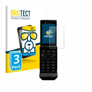 Face avant d’un emballage produit avec le logo de la marque BROTECT. À côté, l’appareil Caterpillar Cat S22 Flip est représent