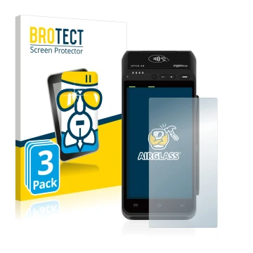 Face avant d’un emballage produit avec le logo de la marque BROTECT. À côté, l’appareil ingenico Apos A8 est représenté avec l