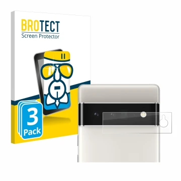 Face avant d’un emballage produit avec le logo de la marque BROTECT. À côté, l’appareil Google Pixel 6 Pro (Caméra UNIQUEMENT)