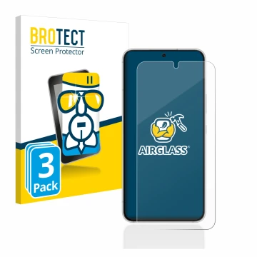 Face avant d’un emballage produit avec le logo de la marque BROTECT. À côté, l’appareil Samsung Galaxy S22 5G est représenté a