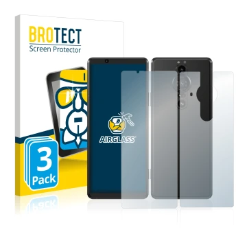 Face avant d’un emballage produit avec le logo de la marque BROTECT. À côté, l’appareil Sony Xperia Pro-I (Avant+Arrière) est 