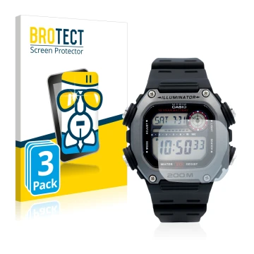 Face avant d’un emballage produit avec le logo de la marque BROTECT. À côté, l’appareil Casio DW-291H est représenté avec la p