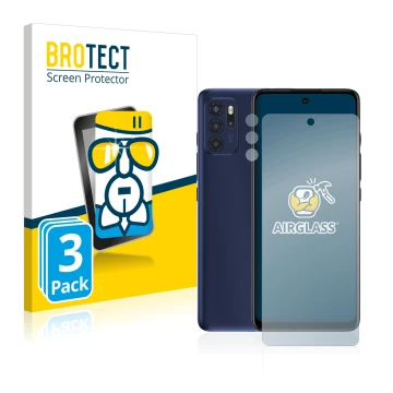 Face avant d’un emballage produit avec le logo de la marque BROTECT. À côté, l’appareil Motorola Moto G60S (Avant+Caméra) est 