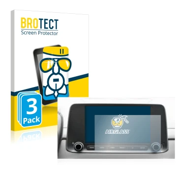 Face avant d’un emballage produit avec le logo de la marque BROTECT. À côté, l’appareil Hyundai Kona 2021 Infotainment System 