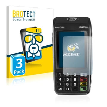 Face avant d’un emballage produit avec le logo de la marque BROTECT. À côté, l’appareil ingenico Move 5000 est représenté avec