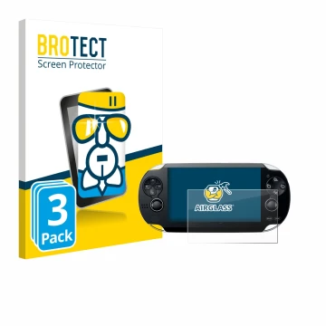 Face avant d’un emballage produit avec le logo de la marque BROTECT. À côté, l’appareil Sony Playstation PS Vita est représent