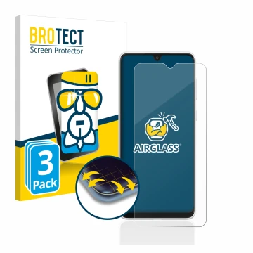 Face avant d’un emballage produit avec le logo de la marque BROTECT. À côté, l’appareil Samsung Galaxy A03 est représenté avec