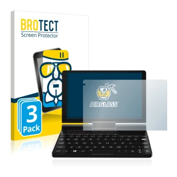 Face avant d’un emballage produit avec le logo de la marque BROTECT. À côté, l’appareil GPD Pocket 3 est représenté avec la pr