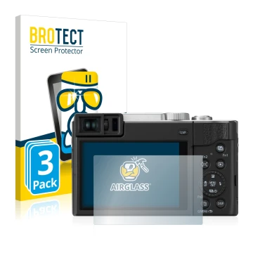 Face avant d’un emballage produit avec le logo de la marque BROTECT. À côté, l’appareil Panasonic Lumix DC-TZ95 est représenté