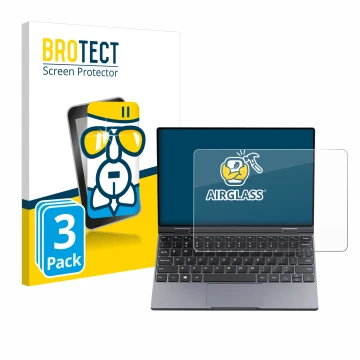 Face avant d’un emballage produit avec le logo de la marque BROTECT. À côté, l’appareil Chuwi MiniBook X est représenté avec l